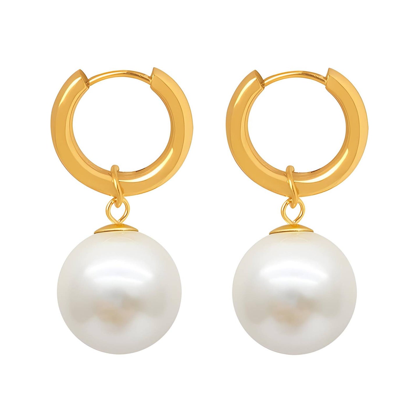 Sadie Gold Pearl Drop Hoop Earrings with 18K gold plating and white faux pearl by SparkleBelle Jewelry