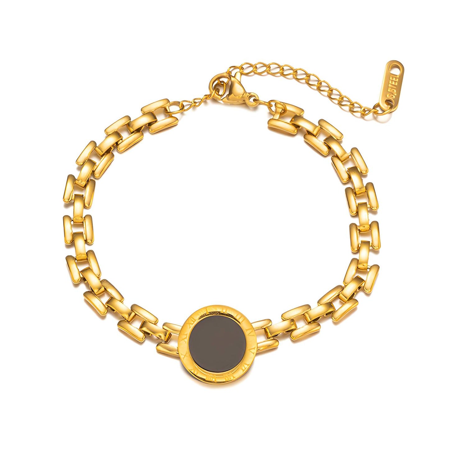 Roman Numeral Black Onyx Gold Bracelet with 18K gold-plated chain by Sparkle Belle Jewelry