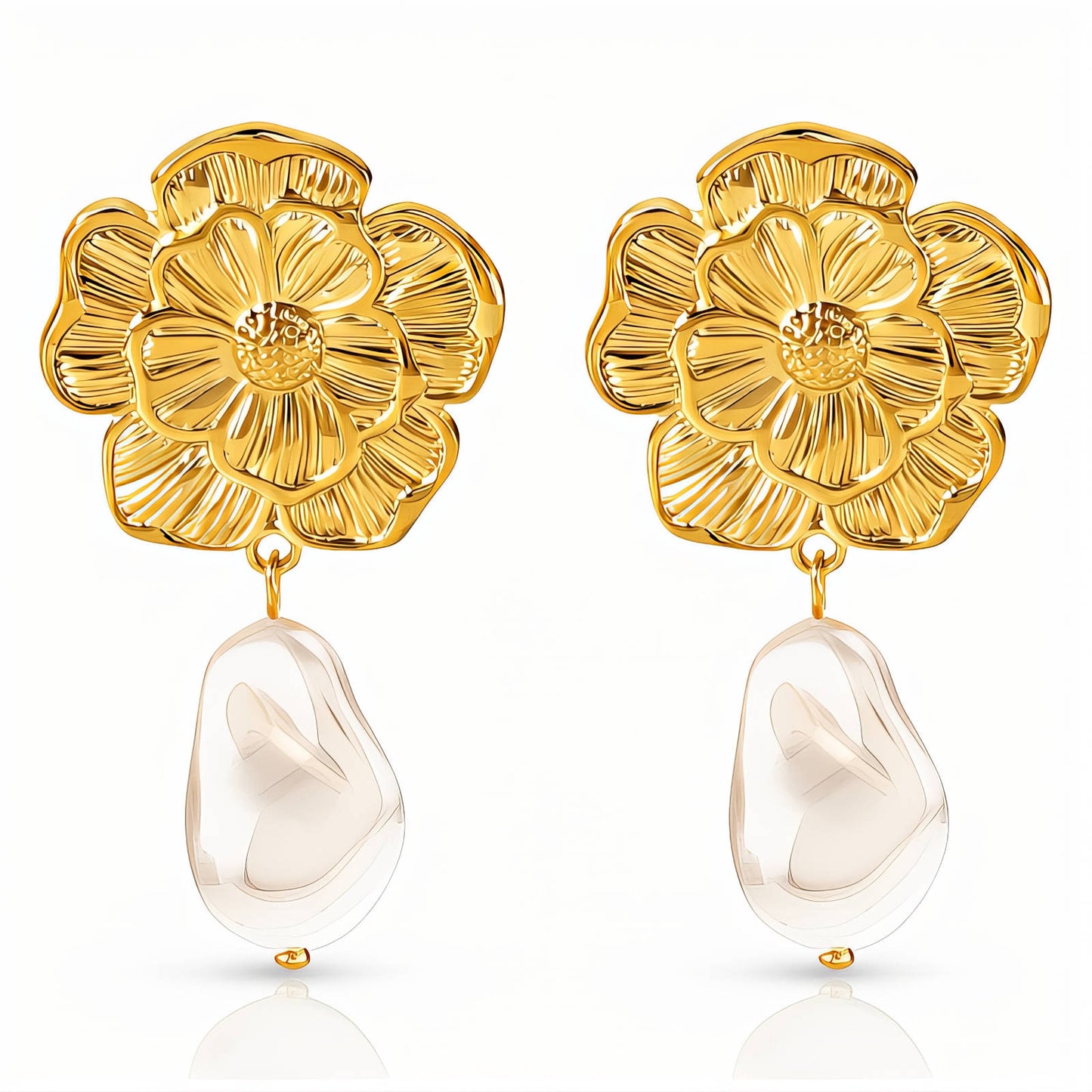 Camellia Gold Floral Drop Earrings – 18K Gold-Plated