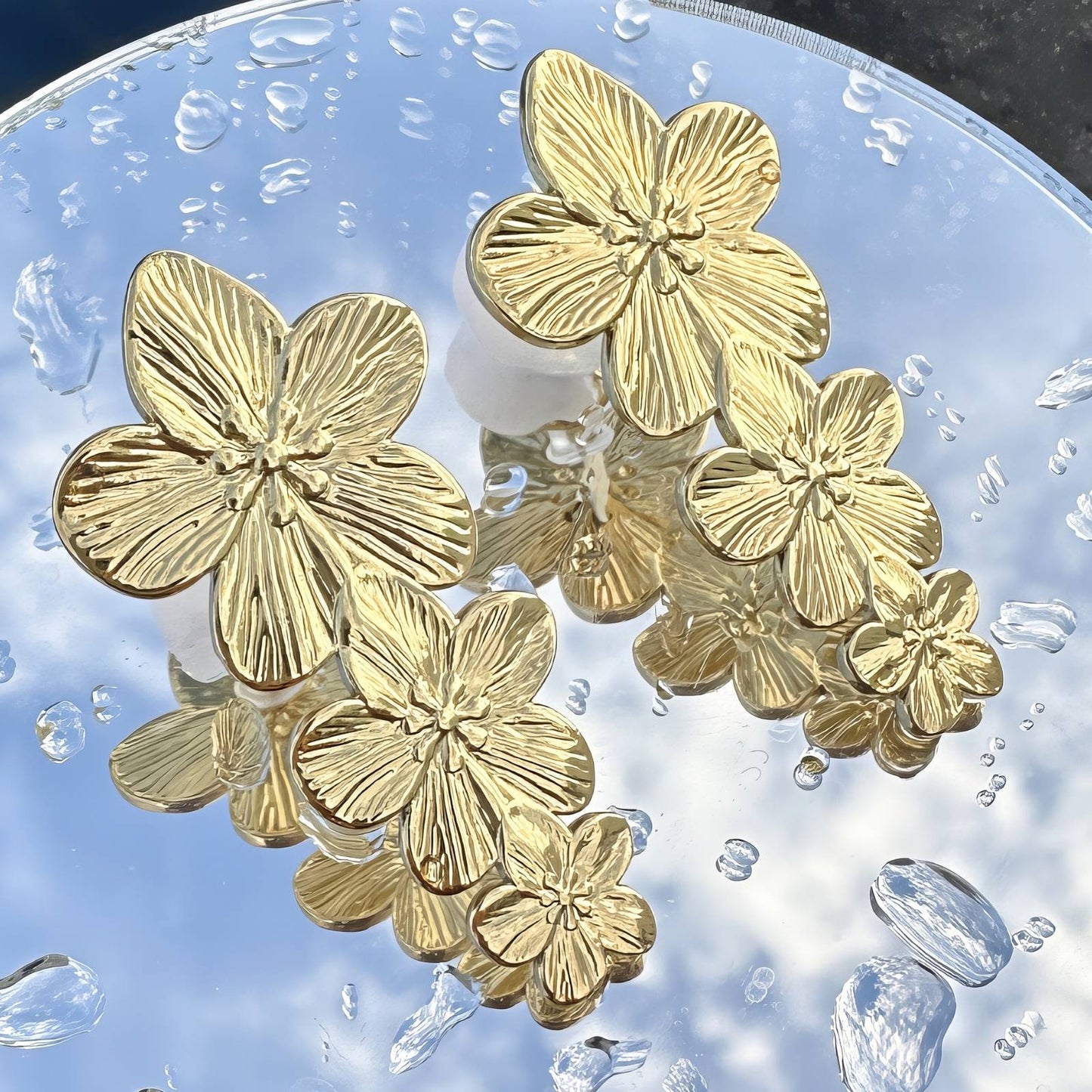 Valencia Triple Floral Gold Earrings – 18K Gold-Plated