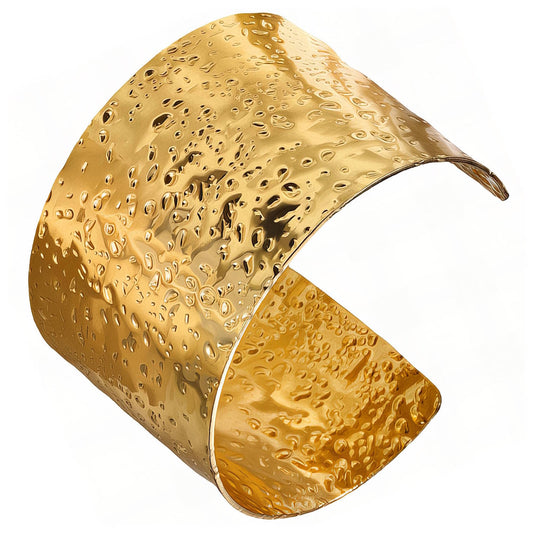 Bold Hammered Gold Cuff Bracelet with 18K gold plating and textured finish by SparkleBelle Jewelry