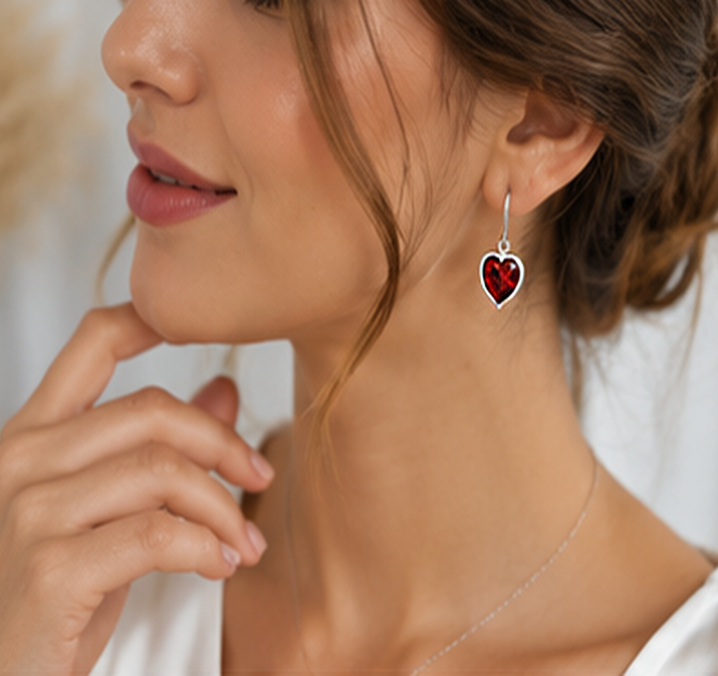 Garnet Heart Drop Earrings – S925 Sterling Silver