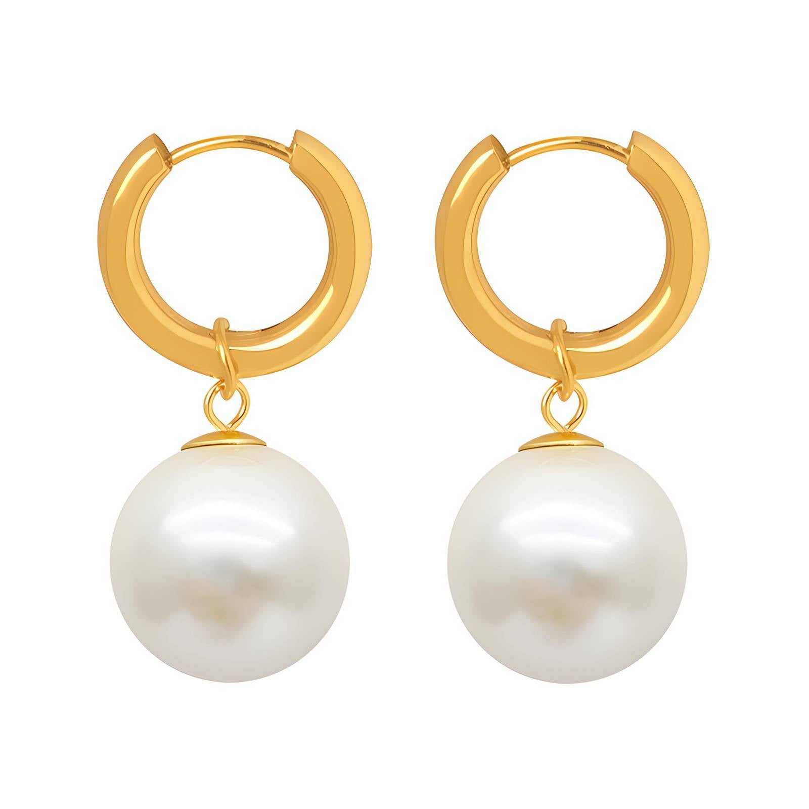 Sadie Gold Pearl Drop Hoop Earrings with 18K gold plating and white faux pearl by SparkleBelle Jewelry