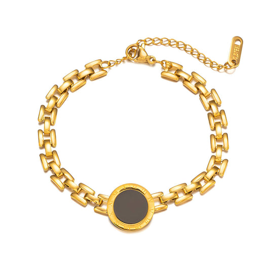 Roman Numeral Black Onyx Gold Bracelet with 18K gold-plated chain by Sparkle Belle Jewelry