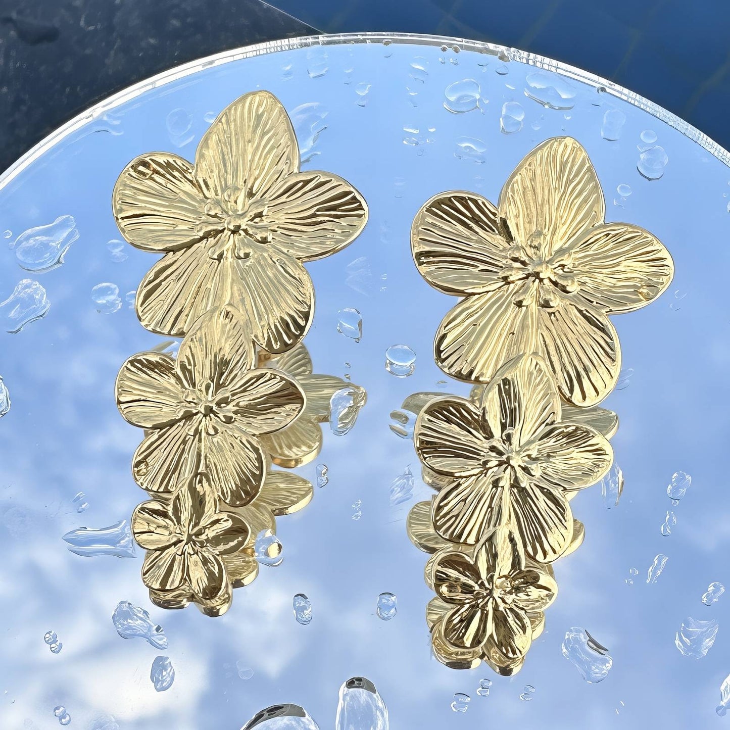 Valencia Triple Floral Gold Earrings – 18K Gold-Plated
