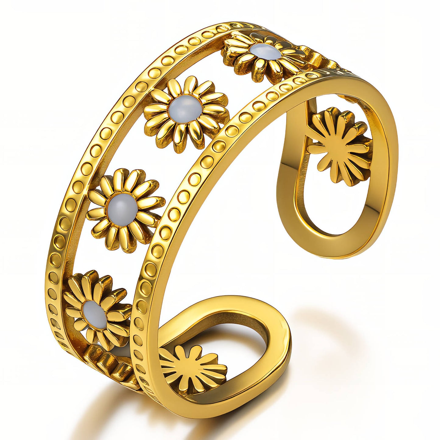 Soleil Floral Open Cuff Ring – 18K Gold-Plated