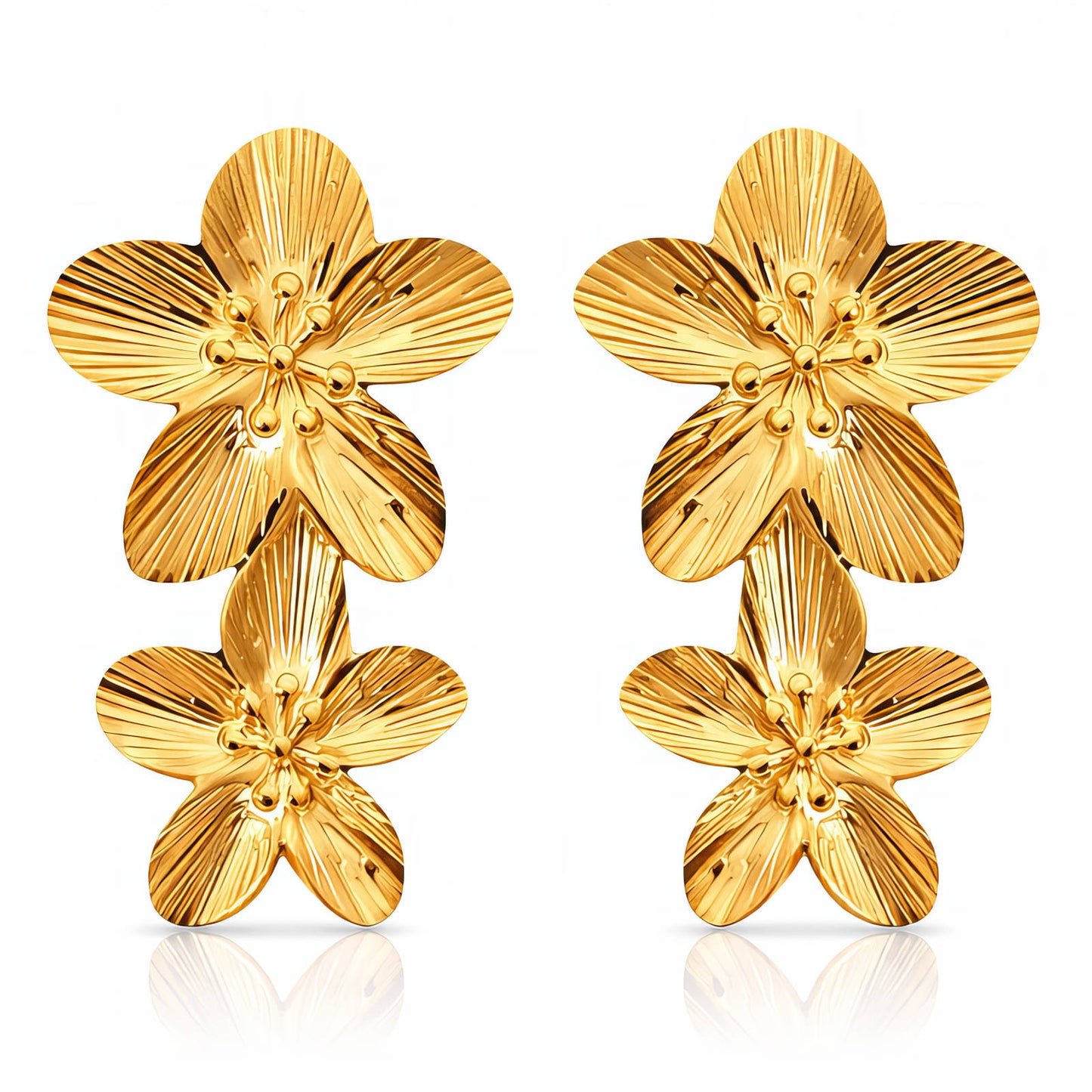 Dahlia Double Floral Gold Earrings – 18K Gold-Plated